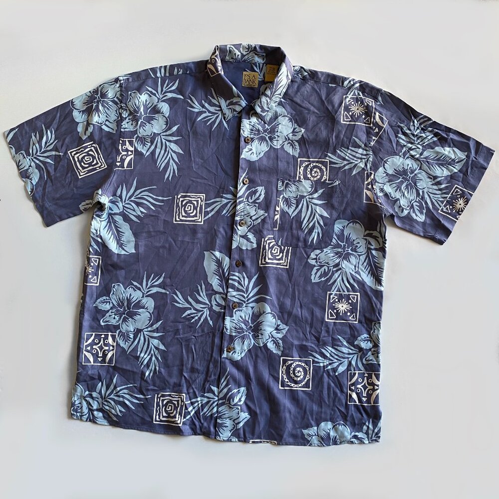 Jos A Bank Shirt Mens XXL Blue Palm Trees 100% Silk Hawaiian Button Up Relaxed
